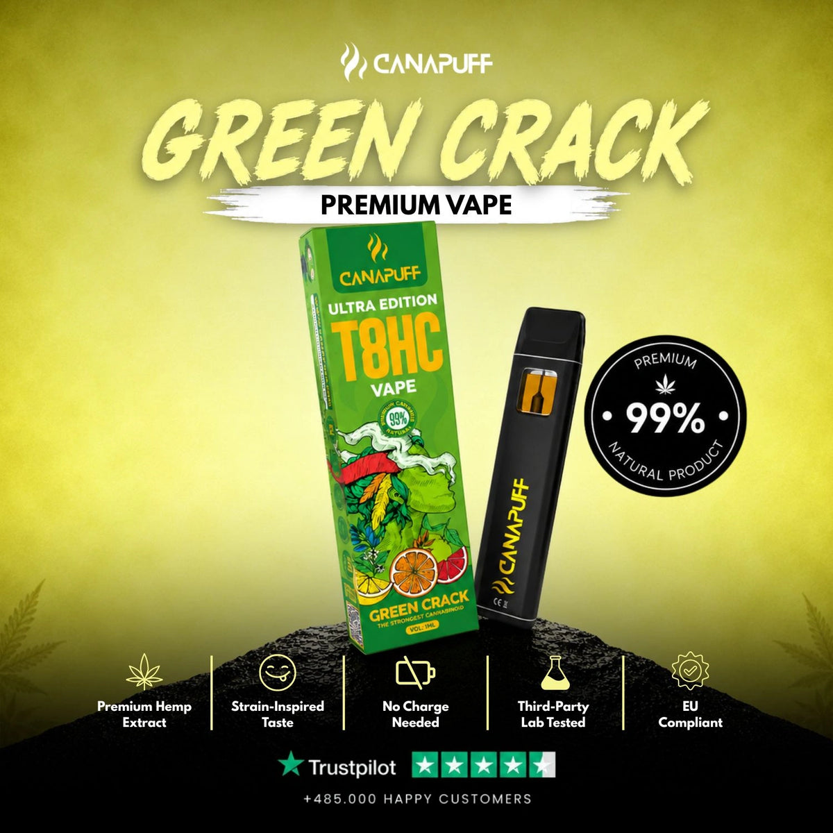T8HC Vape Green Crack Ultra Edition 99% 1ml – wegwerp-vape-pen, foto 2