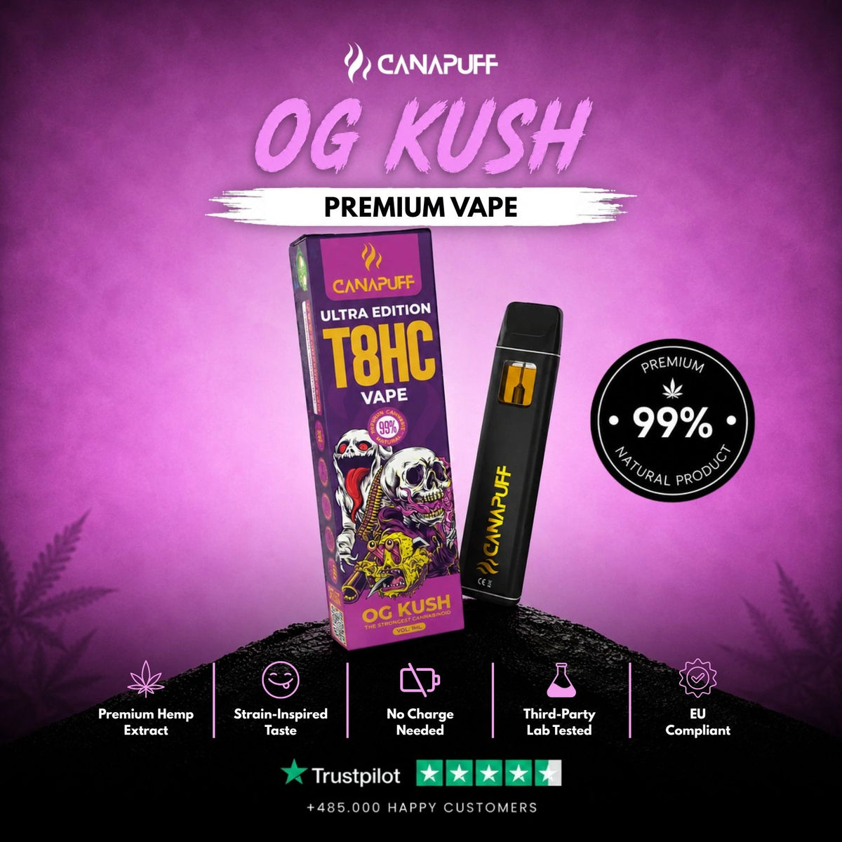 T8HC Vape OG Kush Ultra Edition 99% 1ml – wegwerp-vape-pen, foto 2
