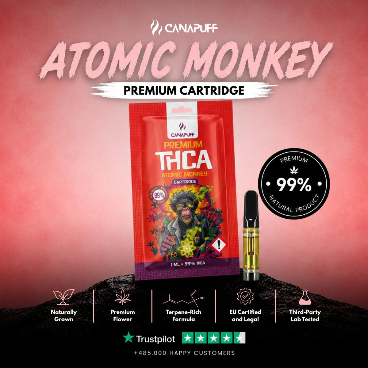 THCA Cartridge Atomic Monkey 99% – vape-cartridge, foto 2