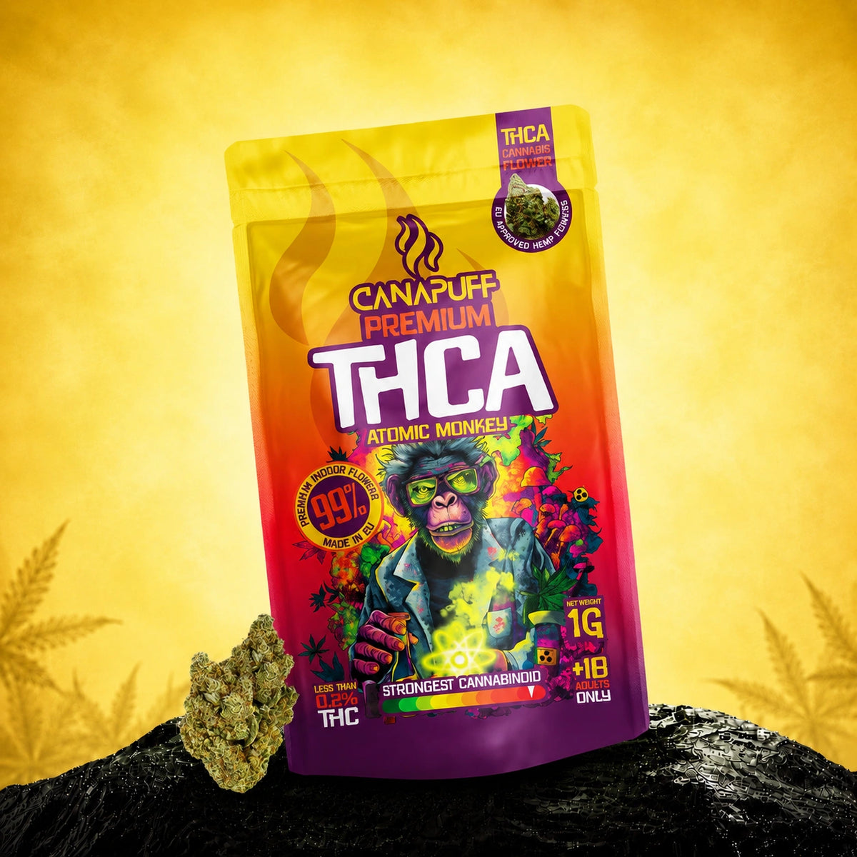 Canapuff THCA Atomic Monkey bloemen 99%, zakje van 1g
