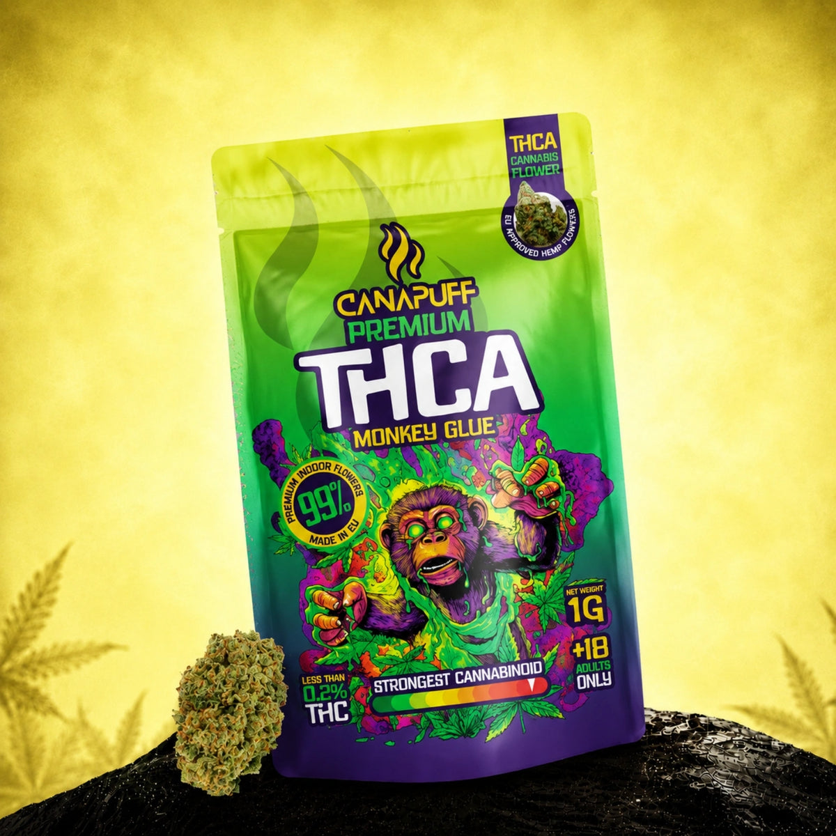 Canapuff THCA Monkey Glue 99% cannabisbloemen zakje van 1g