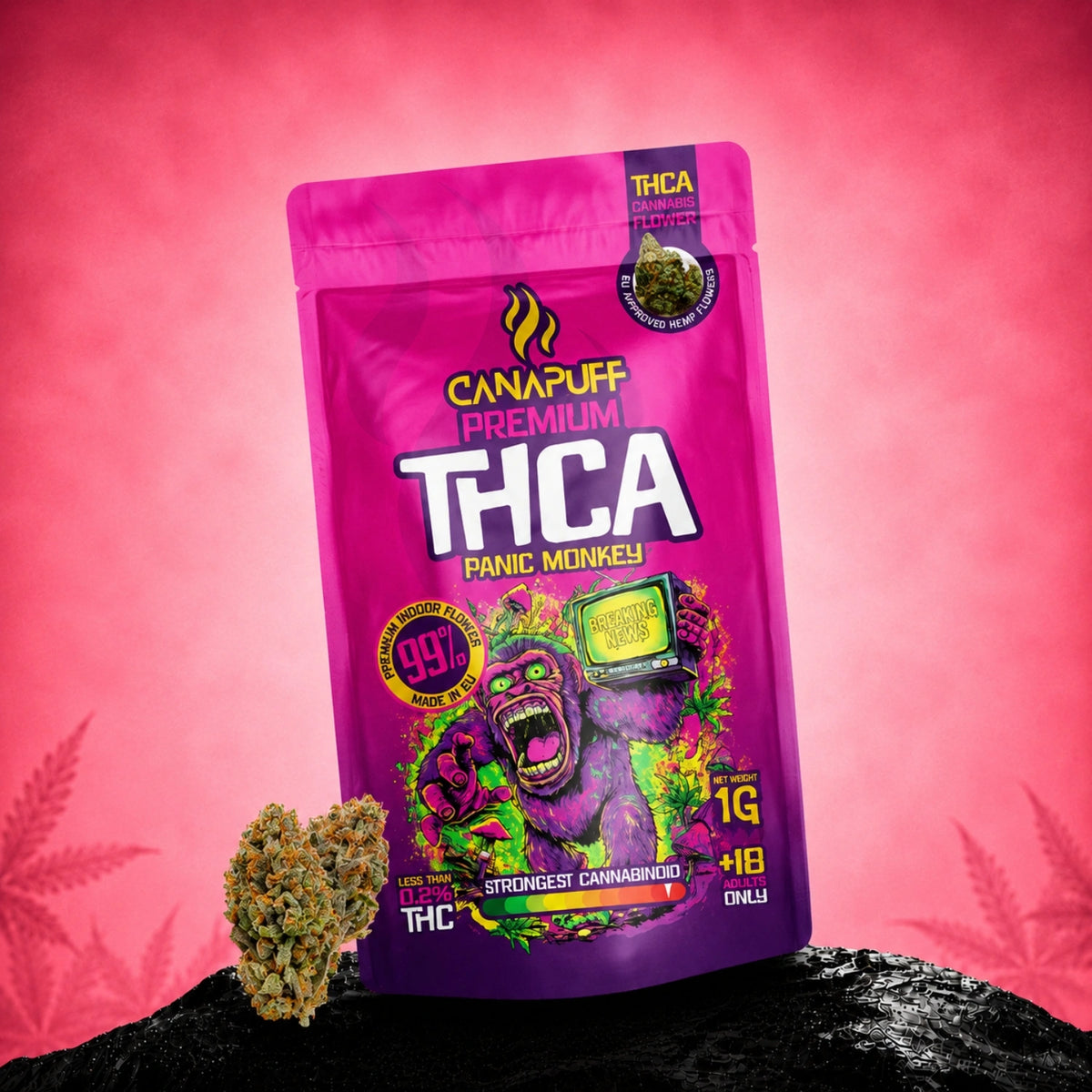 Canapuff THCA Panic Monkey bloemen zakje van 1g, 99% cannabinoïde uit hennep