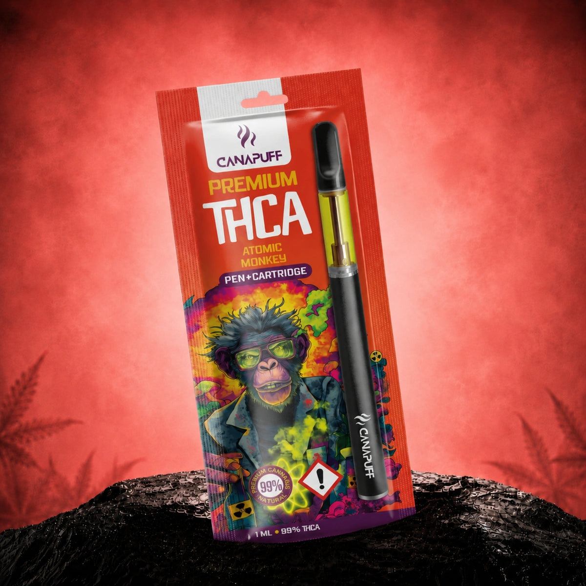 Canapuff THCA Atomic Monkey 99% pen en cartridge, 1 ml in rode verpakking