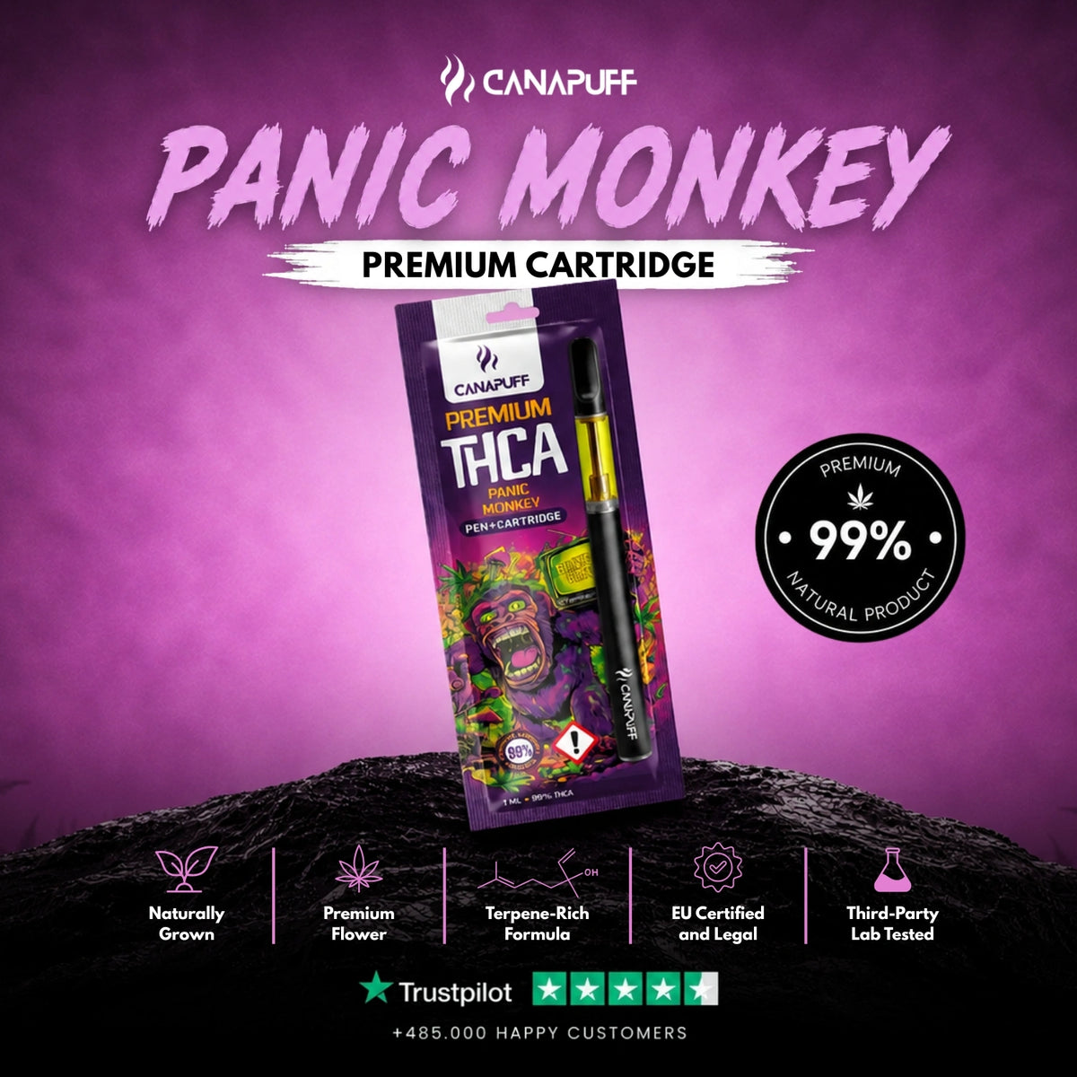 THCA Pen+Cartridge Panic Monkey 99% – vape pen met cartridge, foto 2