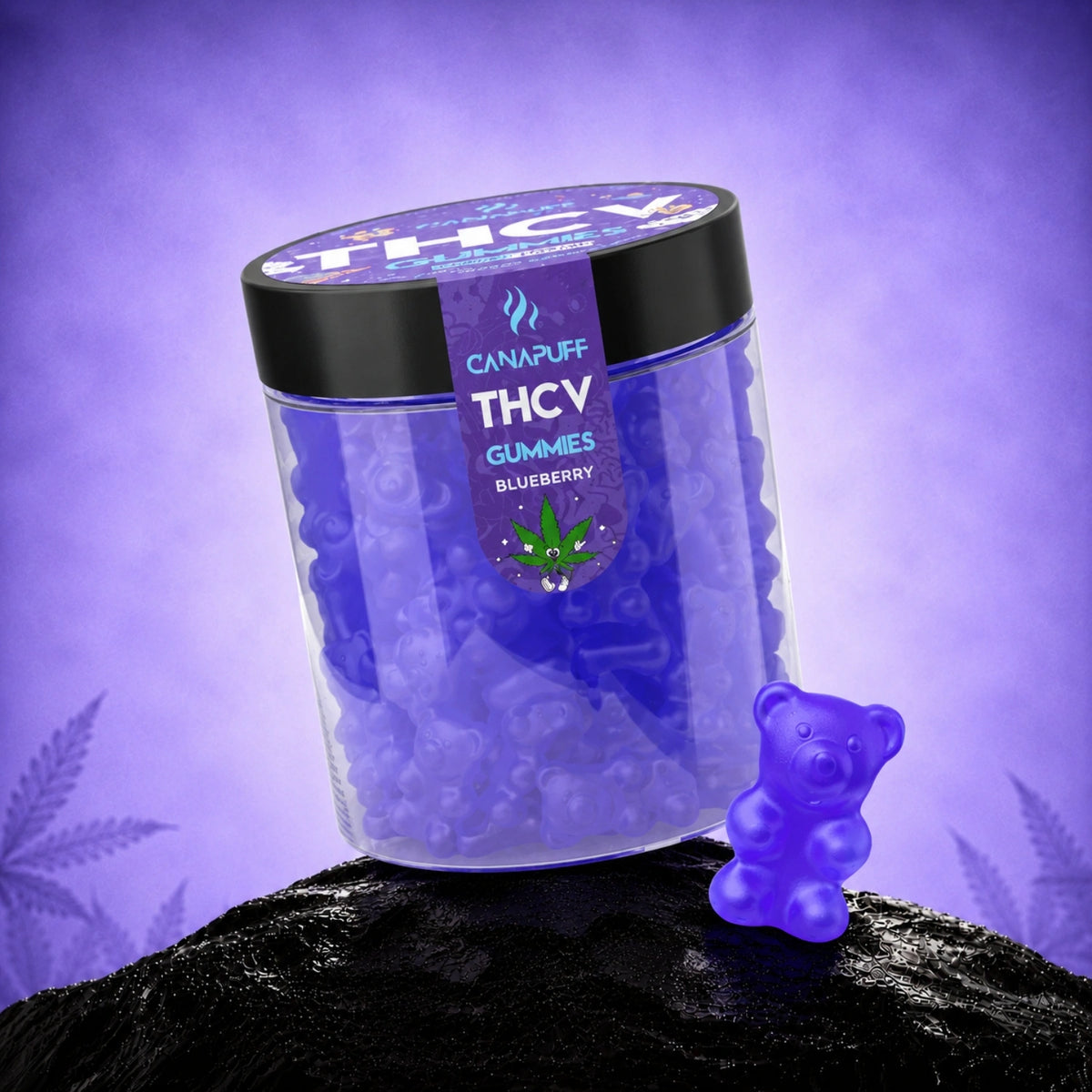 Canapuff THCv Gummies Blueberry in transparante pot met zwarte deksel en paarse gummyberen
