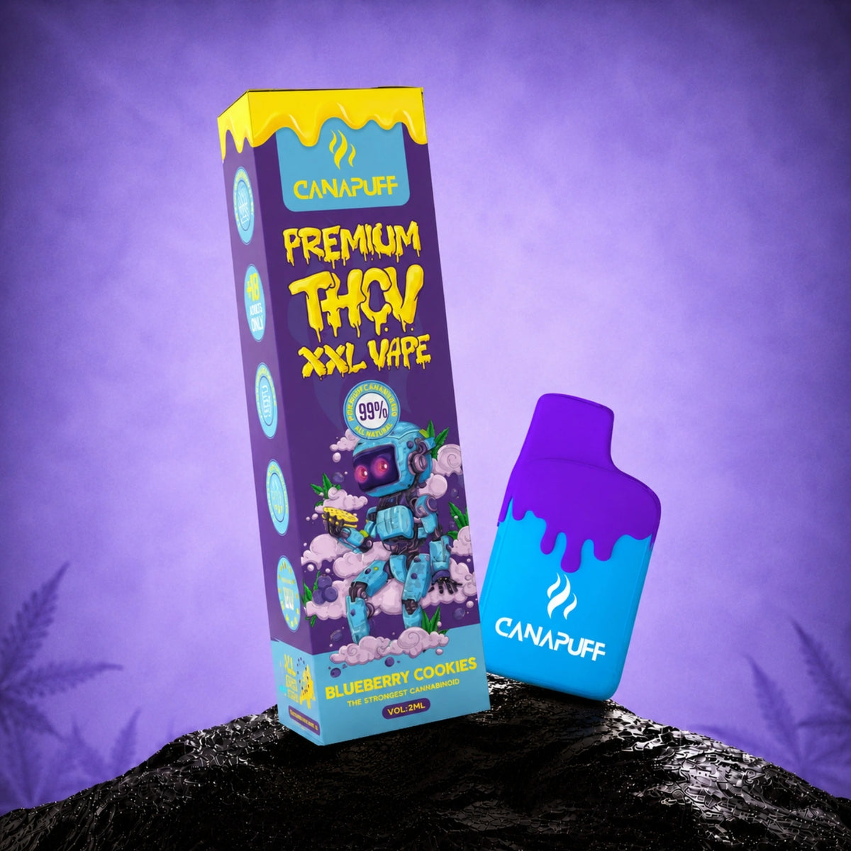 Canapuff THCv XXL Vape Blueberry Cookies 99% 2ml wegwerppen met doosverpakking