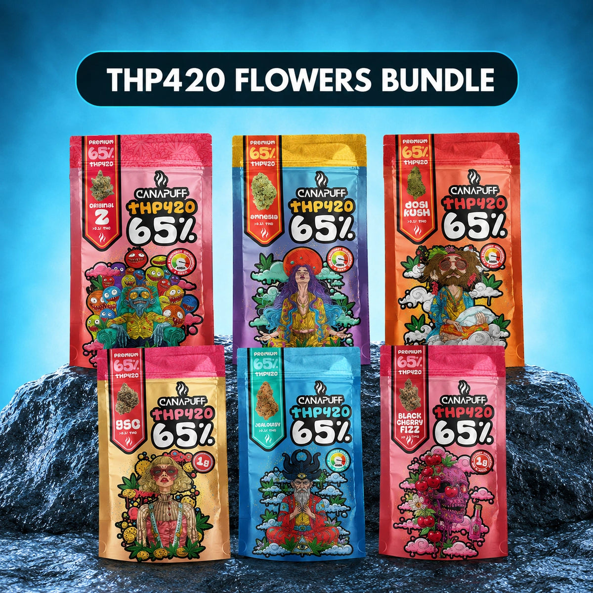 Canapuff THP420 bloemen Bundle, zes smaakzakjes met 65% cannabinoïden uit hennep