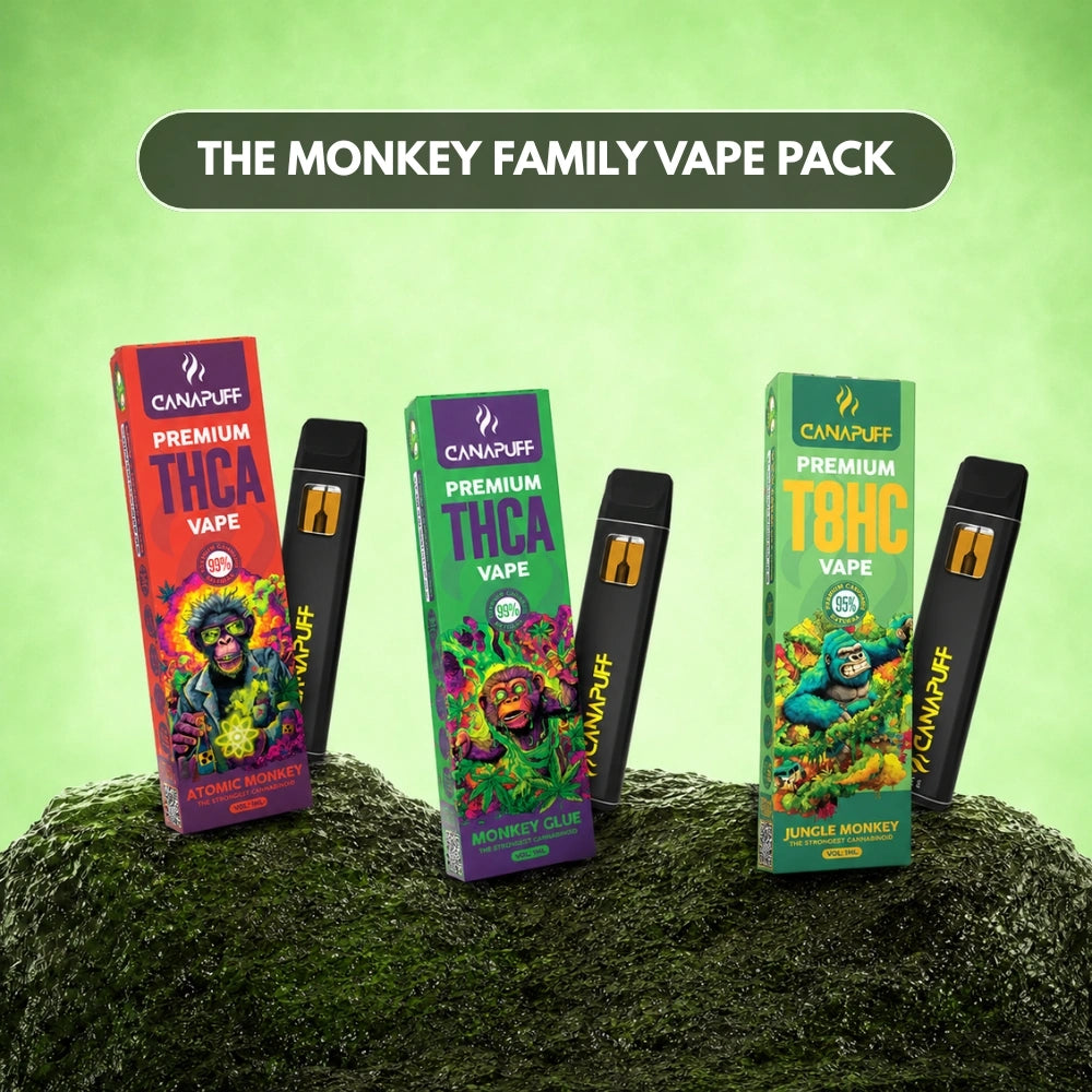 Canapuff The Monkey Family Vape Pack Bundle met drie wegwerp vape pennen