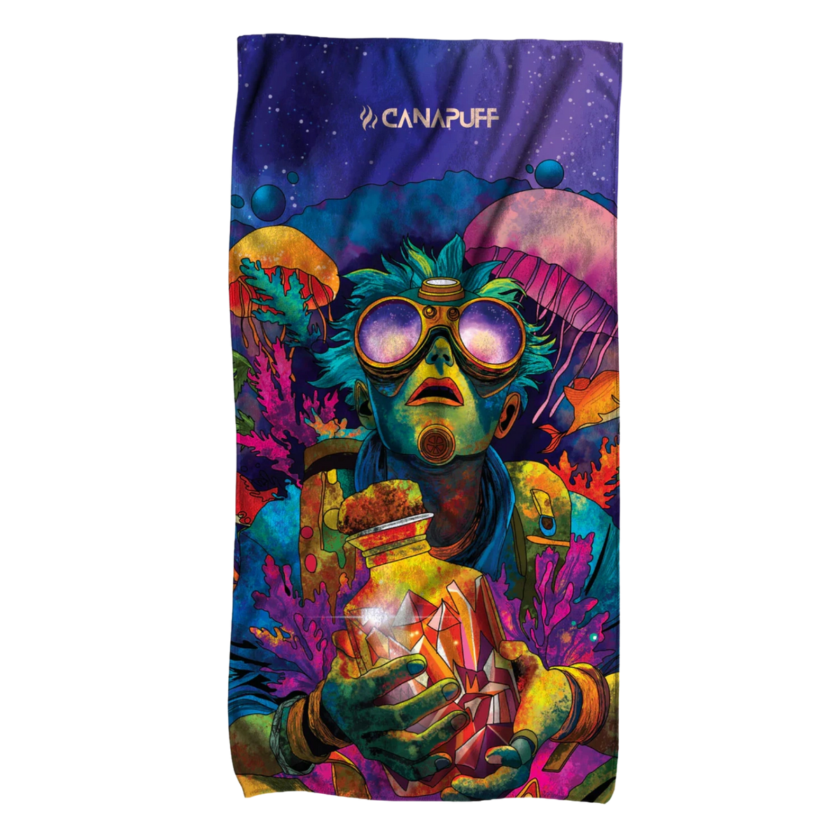 Canapuff Deep handdoek met kleurrijke psychedelische illustratie en logo
