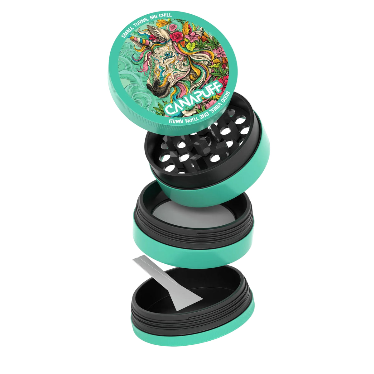Canapuff metalen grinder met kleurrijk eenhoornontwerp en meerdelige constructie in turquoise en zwart