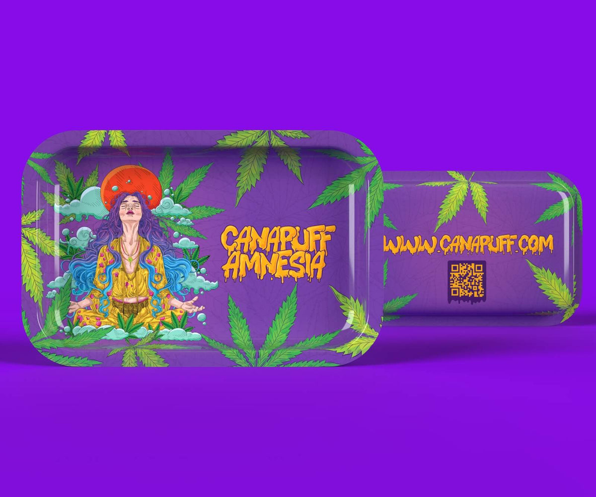 Canapuff Amnesia grote rolling tray met hennepbladontwerp en websitebranding