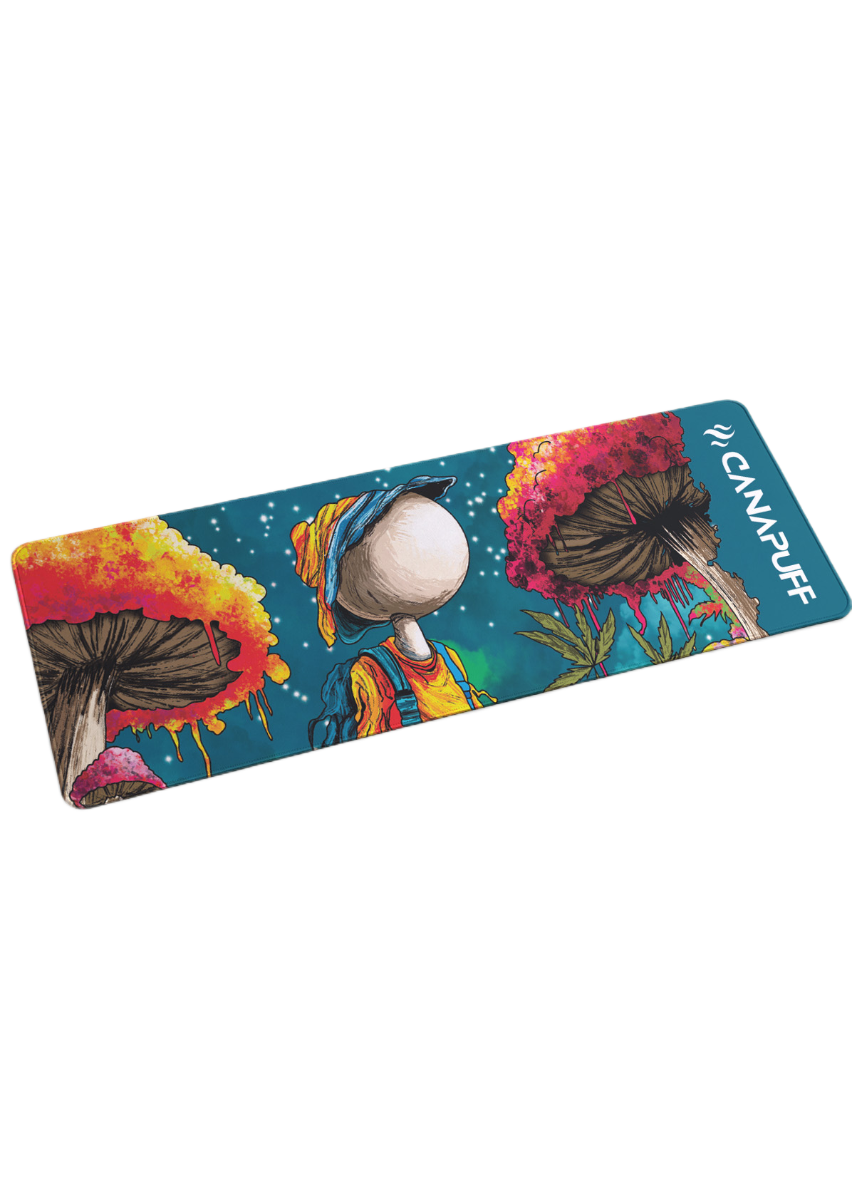 Canapuff Mouse Pad Balanced met kleurrijke paddenstoel- en personage-illustratie