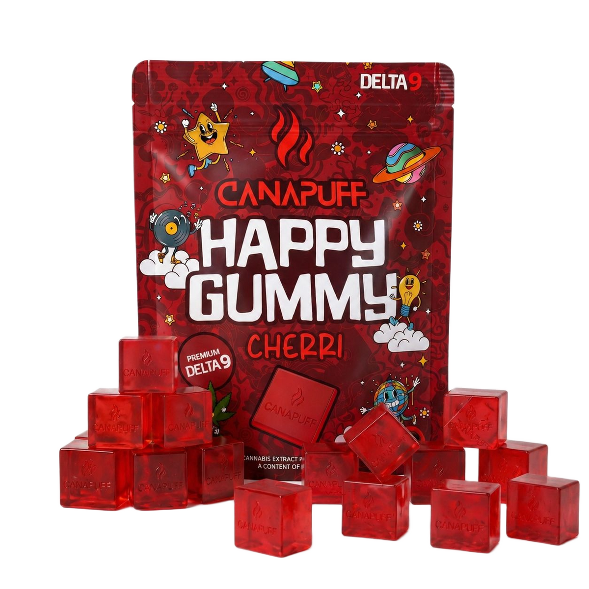 Canapuff Happy Gummy Delta-9 zakje kersengummies met losse rode blokjes