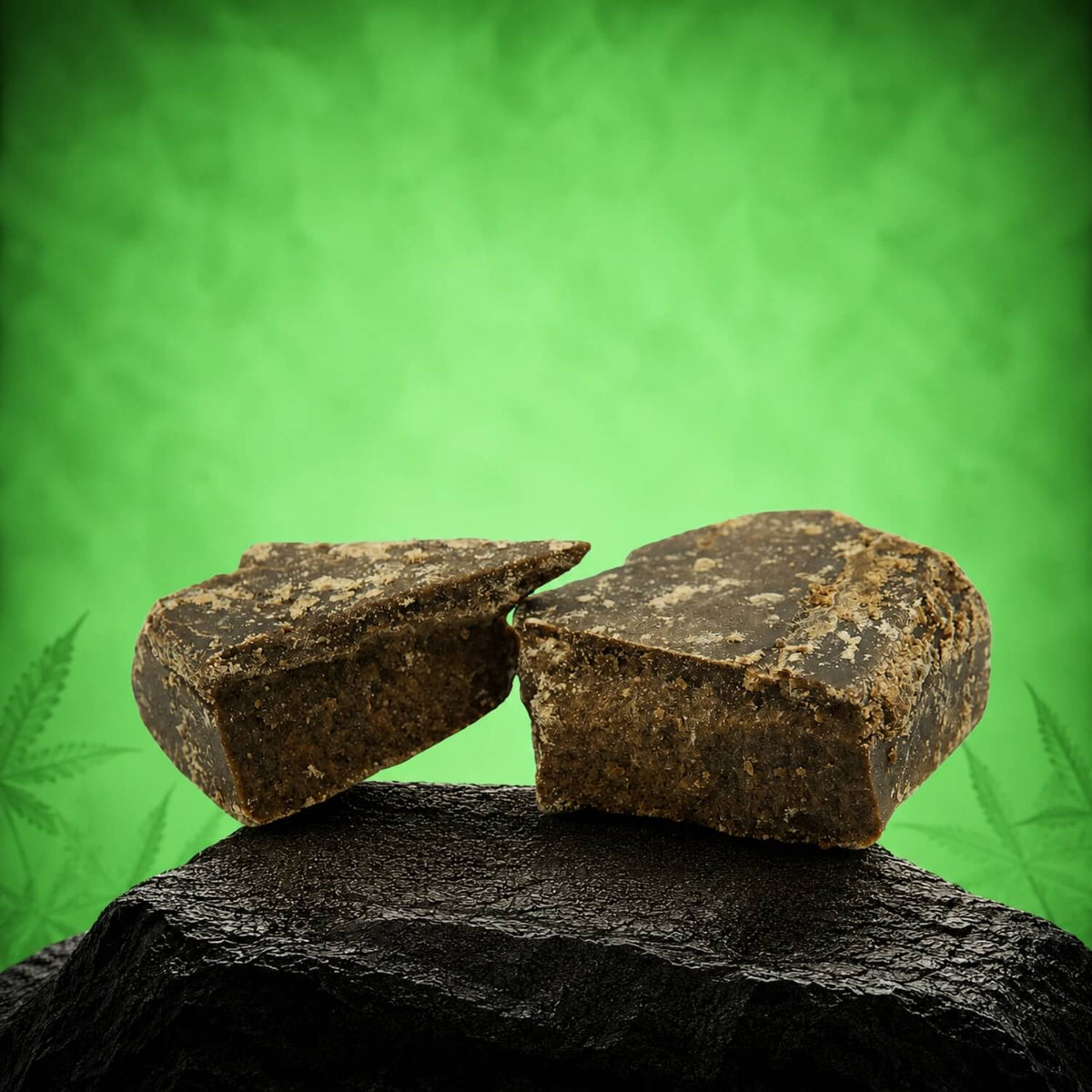 Canapuff Dry Sift Hash, twee stukjes donkere geperste hasj op zwarte steen