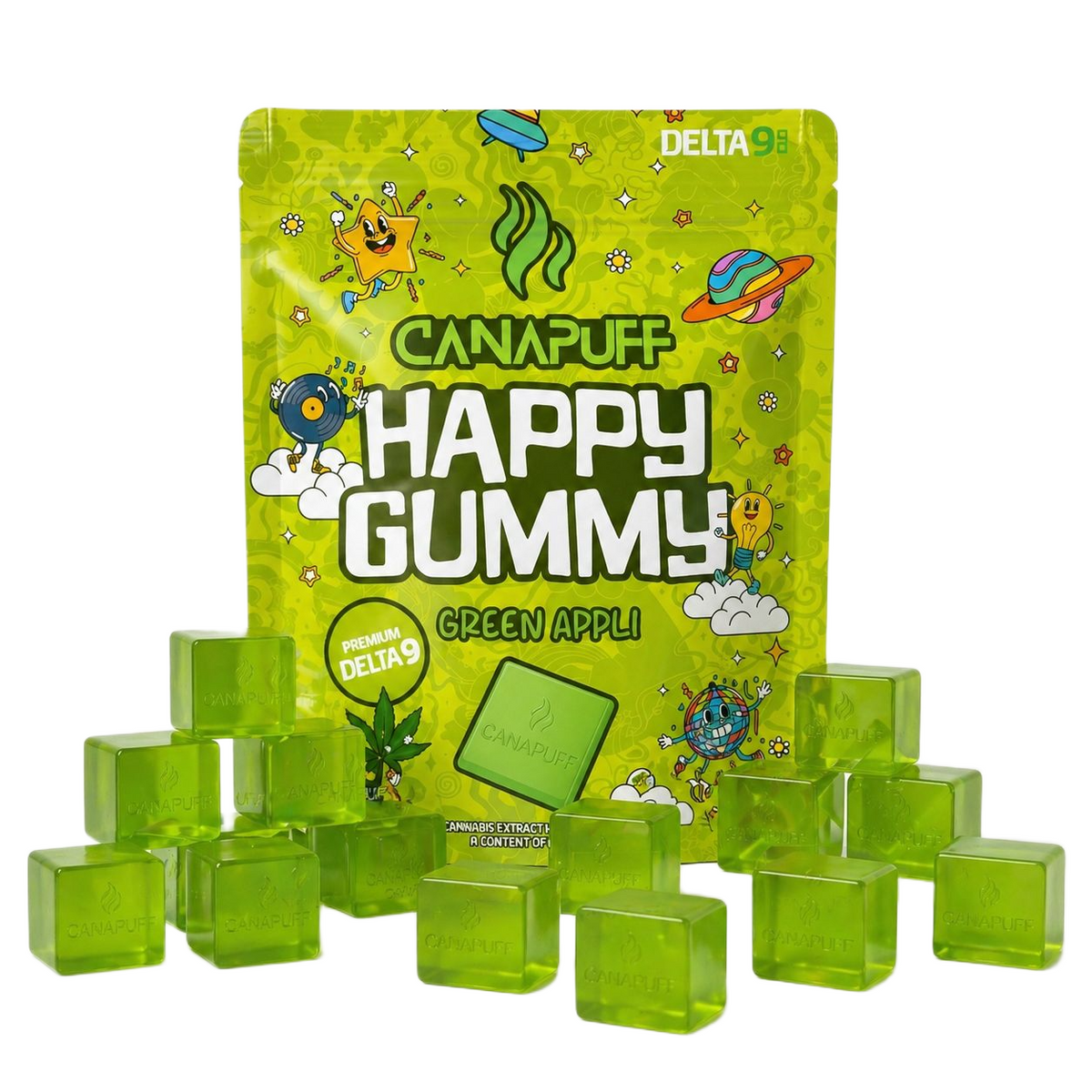 Canapuff Happy Gummy Delta-9 Green Appli, verpakking gummies