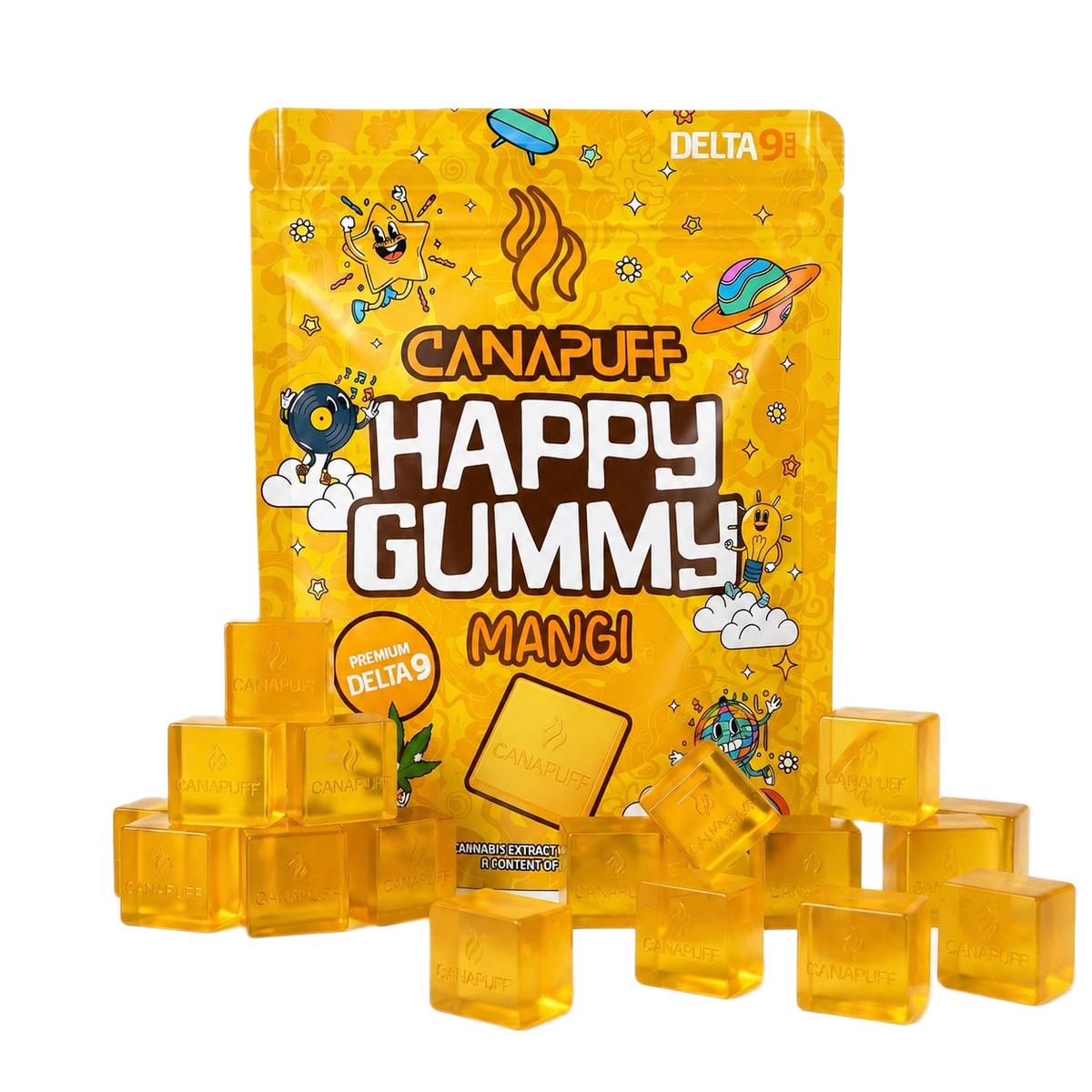 Canapuff Happy Gummy Delta-9 Mango gummies in geel zakje met losse gummyblokjes in beeld
