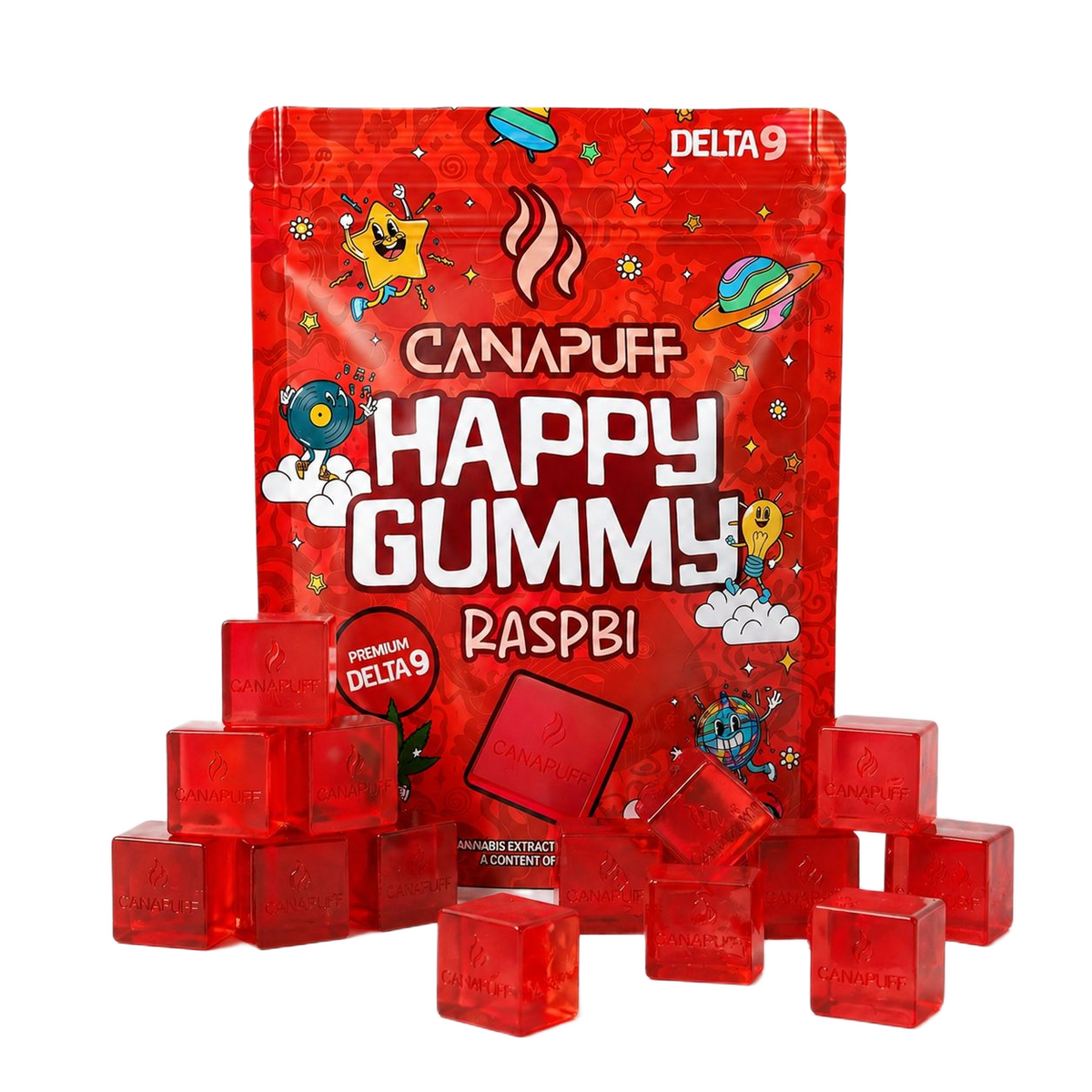 Canapuff Happy Gummy Delta 9 Raspberry zakje gummies met losse gummyblokjes